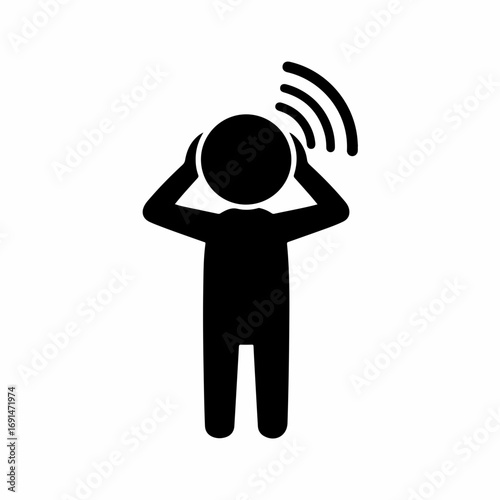 Black pictogram of a person covering ears from loud noise.