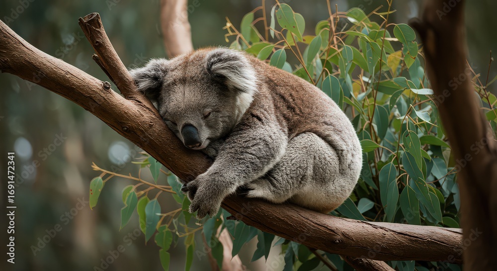 Obraz premium A cute koala is sleeping on a tree branch in the forest, surrounded by green leaves and a blurred background