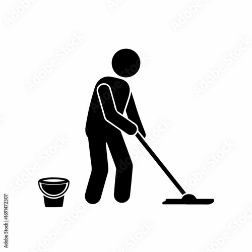 Janitor or cleaner with mop and bucket pictogram.