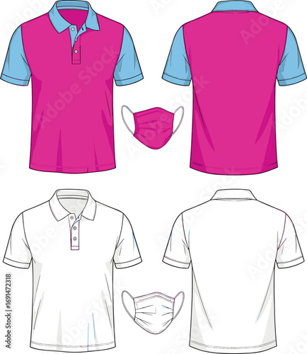 CAD drawing flat vector illustration, polo shirt front and back views, color-block mask set, casualwear fashion design, garment template
