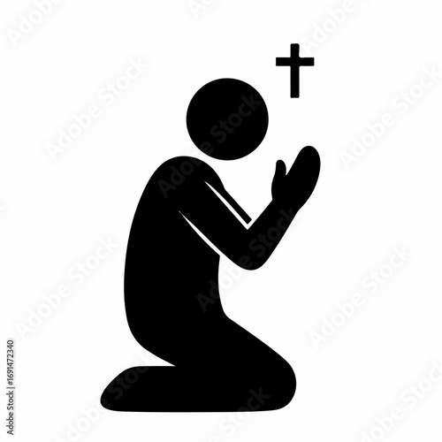 Kneeling person praying to a Christian cross icon.
