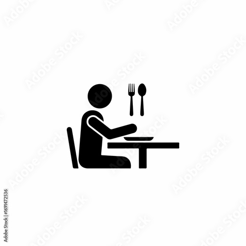 Simple black icon of a person eating at a table.