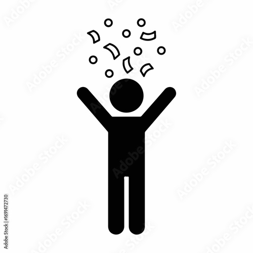 Simple icon of a person celebrating with falling confetti.