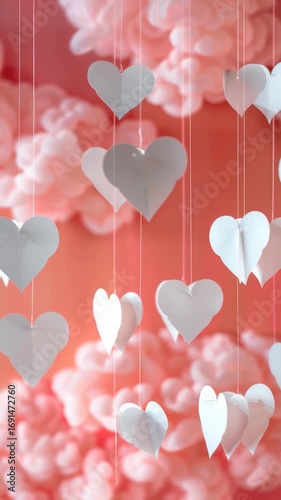 A pink background with white hearts hanging from the ceiling. The hearts are all different sizes and are scattered throughout the scene