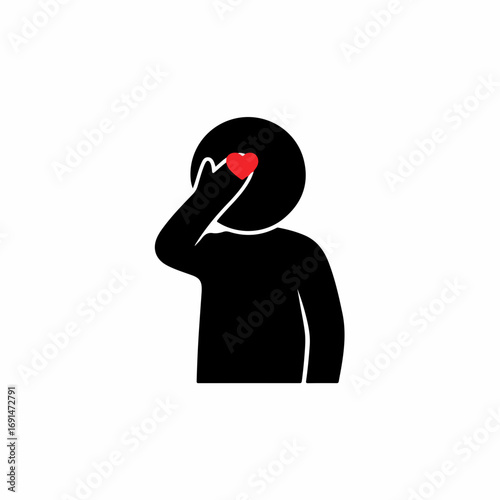 Stick figure icon with a red heart for an eye symbolizing love.