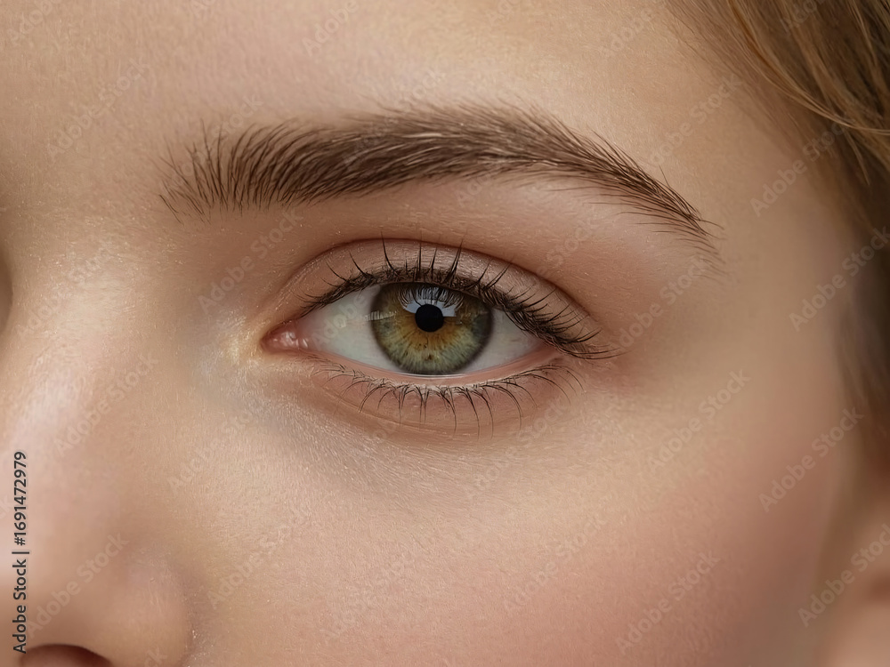 Obraz premium Eyes, thinking and future with person closeup in studio for hope, optimism or contemplation. Eye health, vision and planning with model looking away for natural cosmetics, optometry or satisfaction