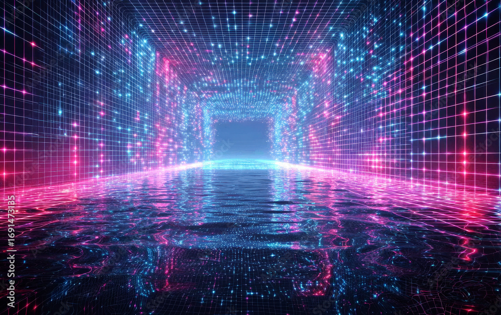 Fototapeta premium Futuristic tunnel with glowing lights and reflective water surface