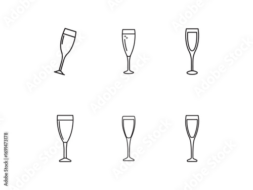 Elegant Champagne Flute Line Art Collection for Celebrations and Events Illustration Set of Six Design Elements on White Background