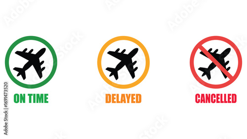 Airplane flight status icons showing on time delayed and cancelled signs
