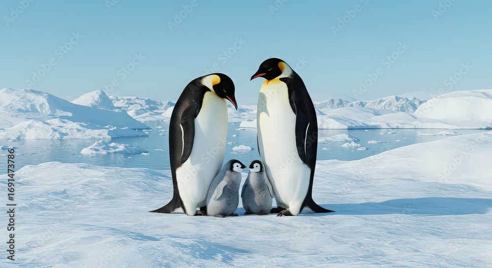 Fototapeta premium A pair of emperor penguins stand guard over their fluffy chicks on a vast, icy expanse in antarctica