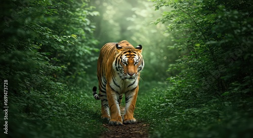 A majestic bengal tiger walking through the dense forest, a captivating portrait of wildlife in nature