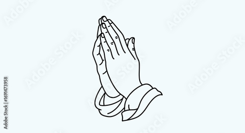 Minimalist black line art illustration of praying hands with cuffed sleeves.