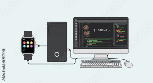 Modern desktop computer and smartwatch connected, with programming code loading on the monitor screen.