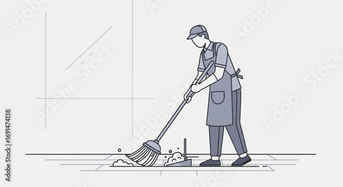 Vector Illustration of Janitor Sweeping Floor with Broom and Dustpan