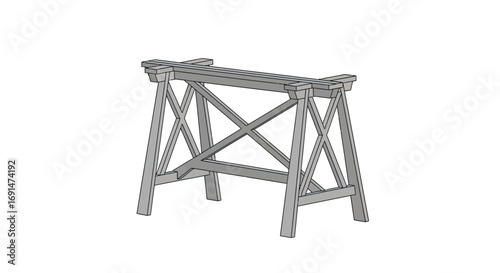 A detailed illustration of a single grey wooden sawhorse with a sturdy cross-brace design.