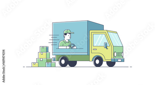 A flat, line-art illustration of a delivery truck in motion, with a driver and a stack of cardboard boxes.