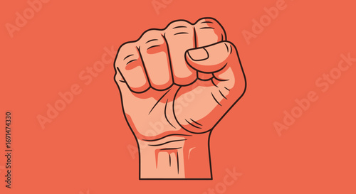A powerful, raised clenched fist in a bold, graphic illustration style with strong black outlines.