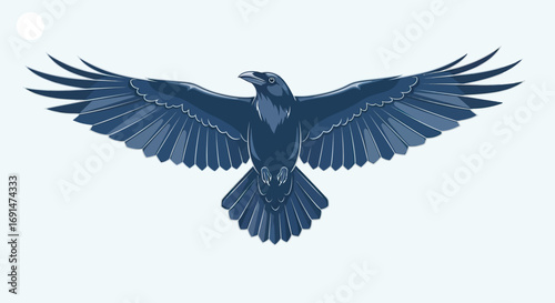 Majestic dark blue raven with wings spread wide in flight, detailed vector illustration