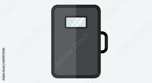Flat vector illustration of a dark grey police riot shield with a small viewing window and a side handle.