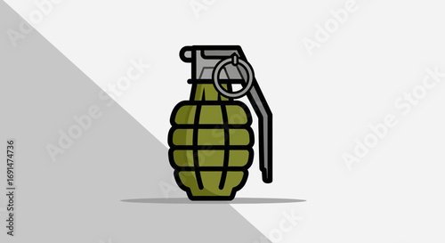Stylized illustration of a green fragmentation hand grenade with a safety lever.