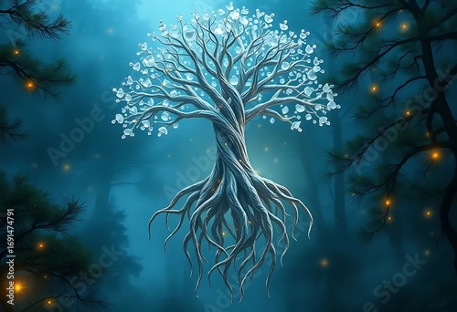 The mystical Tree of Life glowing with sacred light in an enchanted, foggy forest at night