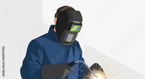 Welder in Protective Gear Welding with Bright Sparks and Flames