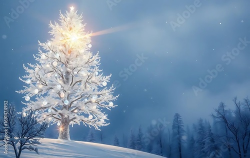 Magical winter wonderland scene with a glowing, snow-dusted Christmas tree under a twilight sky