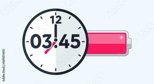A modern flat design clock showing 03:45 combined with a red battery power indicator.