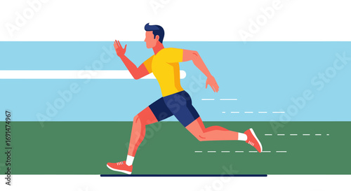 Cartoon Man Running with Yellow Shirt and Blue Shorts Illustration