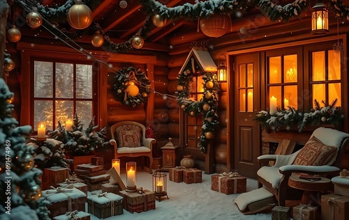Enchanting Christmas cabin interior with warm lights, festive decor, and gift boxes