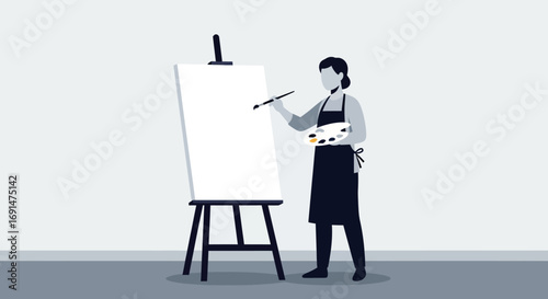 Artist Painting on Easel with Palette and Apron
