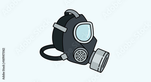 Dark grey gas mask with a side filter and single eyepiece, cartoon vector illustration.