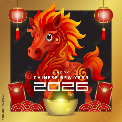 Happy Chinese New Year 2026 greetings with gold frame and red horse