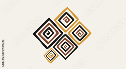 Abstract Geometric Pattern with Interlocking Brown, Black, and Gold Spirals in Diamond Shapes