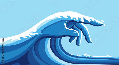 Vector illustration of a blue hand shaping a cresting ocean wave with white spray