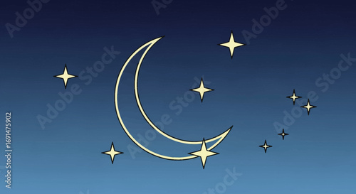 Crescent Moon and Sparkling Stars Night Sky Illustration