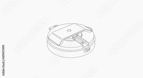 Isometric Line Drawing of a Circular Mechanical Device with a Flat Top Plate and Internal Mechanisms