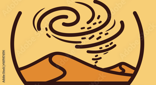 Contained desert scene with a swirling brown tornado over orange sand dunes.