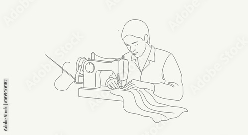 Line Art Illustration of a Person Sewing with a Machine