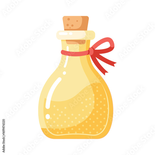 Corked glass bottle of golden oil or potion with a red ribbon, representing provisions for a Columbus Day expedition.