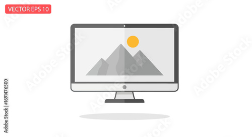 Sleek grey desktop computer monitor displaying a minimalist mountain and sun image placeholder.