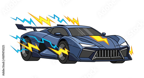 Stylized blue sports car with yellow lightning bolt design, dynamic speed streaks, and rear spoiler.