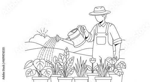 Minimalist line art of a gardener in a hat and overalls watering a row of potted plants.