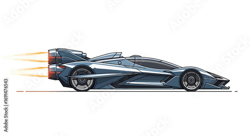 Futuristic Blue Speedster Car with Jet Exhausts, Side View, Cartoon Style