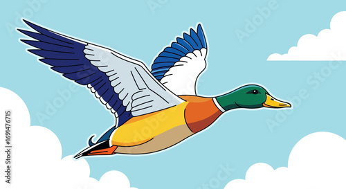 Colorful cartoon mallard duck in flight with vibrant green head and blue wings spread.