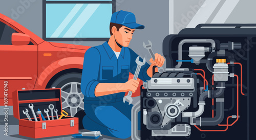 Mechanic in Blue Overalls Working on Car Engine with Tools