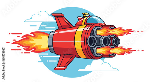 Cartoon Rocket Ship with Multiple Exhaust Flames in Flight