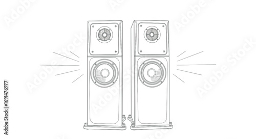 Pair of Tall Grey Sketch-Style Speakers with Sound Waves