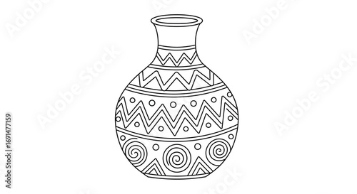 Detailed outline drawing of a decorative ceramic vase with intricate geometric patterns, including zigzags, circles, and spirals.