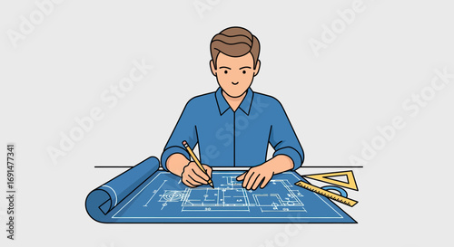 Focused Architect Drawing Blueprints with Pencil